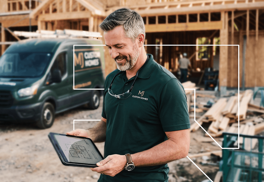Custom home builder reviewing plans on a tablet at the job site